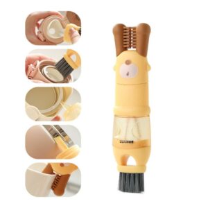 Yellow plastic 3-in-1 baby bottle cleaning brush with dog design, nipple brush, crevice tool, and bottle brush.