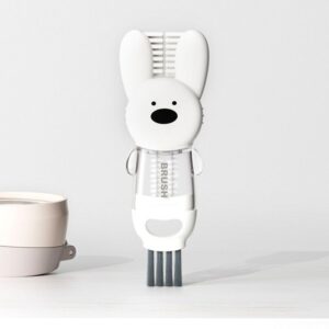 White plastic rabbit-shaped 3-in-1 bottle brush with comb, bristles, and transparent body for cleaning.