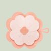 Pink flower-shaped silicone floor drain cover with "FLOOR DRAIN" text, for bathroom or kitchen.