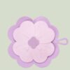 Purple & pink flower-shaped silicone floor drain cover with "FLOOR DRAIN" text, for bathroom/kitchen.