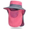 Pink & grey nylon sun hat with wide brim, mesh ventilation, and detachable neck/face flap for outdoor protection.