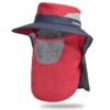 Red & navy sun hat with wide brim, mesh vents, and removable neck/face flap for outdoor protection.