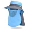 Blue & grey nylon sun hat with wide brim, mesh face/neck flap for fishing, hiking, outdoor activities.
