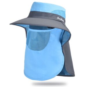 Blue & grey nylon sun hat with wide brim, mesh face/neck flap for fishing, hiking, outdoor activities.