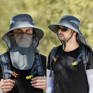 Men'S Gray Wide-Brimmed Sun Hat With Removable Face And Neck Flaps, Mesh Ventilation, For Hiking And Fishing.