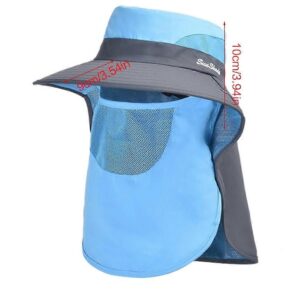 Blue &Amp; Grey Nylon Sun Hat With Wide Brim, Mesh Face/Neck Flap For Fishing/Hiking.