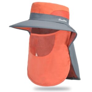 Orange and gray polyester sun hat with wide brim, mesh face cover, and neck flap for outdoor protection.