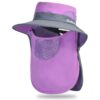 Purple & grey nylon sun hat with wide brim, mesh vents, and detachable neck/face flap for outdoor protection.