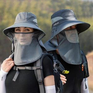 Gray Nylon Wide-Brimmed Sun Hat With Mesh Face Mask &Amp; Neck Flap For Hiking, Fishing, And Outdoor Activities.