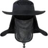 Black nylon wide-brim sun hat with removable mesh face mask & neck flap for fishing, hiking, and outdoor protection.