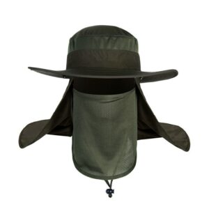 Dark green wide-brimmed sun hat with removable mesh face and neck flaps, drawstring, for outdoor activities.
