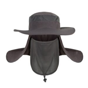 Dark gray nylon sun hat with wide brim, mesh face mask, and neck flap for outdoor protection.