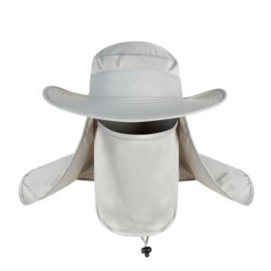 Light grey polyester sun hat with wide brim, mesh crown, and detachable neck/face flap for outdoor activities.