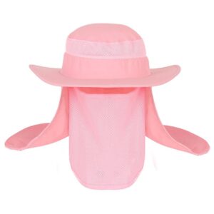 Pink polyester sun hat with wide brim, mesh crown, and detachable neck/face flap for outdoor protection.