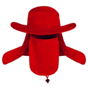 Red polyester sun hat with wide brim, detachable face mask, and neck flap for outdoor protection.