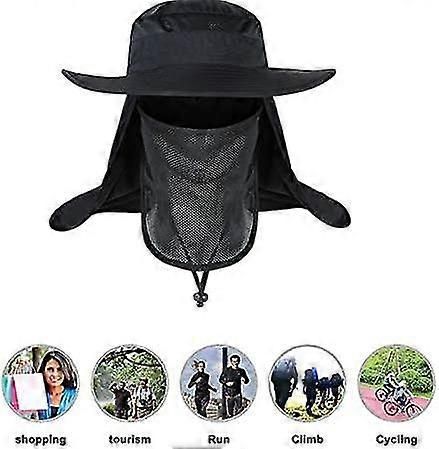 Foldable Fishing Hat | Uv Protection &Amp; Breathable Mesh – Sumo Deals Black Nylon Sun Hat With Wide Brim, Neck Flap, And Mesh Face Cover For Outdoor Activities.