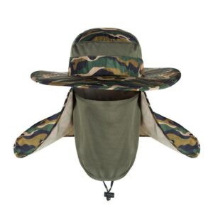 Camo fishing hat with wide brim, neck flap, and mesh face cover for sun protection, hiking, and outdoor activities.