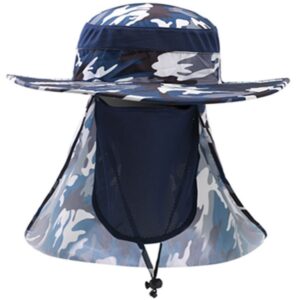 Blue camouflage wide-brimmed sun hat with neck flap & mesh face cover, polyester, for fishing/hiking.