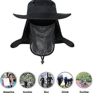 Black Nylon Sun Hat With Wide Brim, Neck Flap, And Mesh Face Cover For Outdoor Activities.