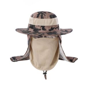 Camo boonie hat with wide brim, mesh face mask, and neck flap for sun protection, fishing, hiking.
