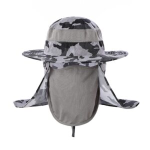 Gray camouflage sun hat with wide brim, mesh ventilation, and removable neck/face flap for outdoor activities.