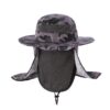 Purple camo boonie hat with wide brim, mesh face/neck flap, adjustable drawstring, for sun protection, fishing, hiking.