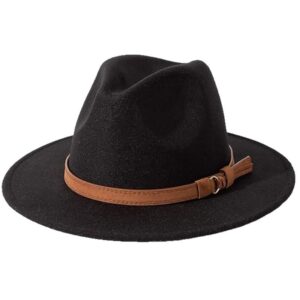 Black felt fedora hat with a wide brim and a brown faux leather band with a tassel and metal ring detail.