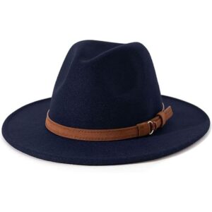 Navy blue felt fedora hat with a wide brim and a brown faux leather band with a gold buckle, for fashion.