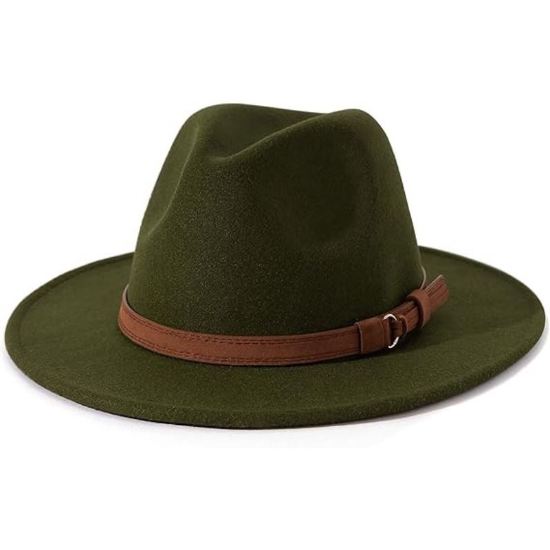 Vintage Felt Fedora Hat For Men – Classic Style – Sumo Deals Olive Green Felt Fedora Hat With A Wide Brim And A Brown Faux Leather Band With A Metal Ring, For Fashion.