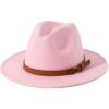 Pink felt fedora hat with a wide brim and brown faux leather band with a gold buckle, for fashion.