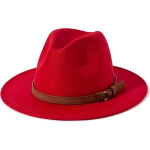 Red felt fedora hat with wide brim, pinched crown, and brown faux leather band with tassel detail for fashion.