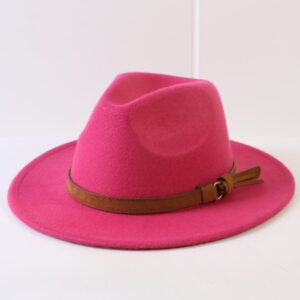 Pink felt fedora hat with a brown faux leather band and tassel detail, for stylish casual wear.