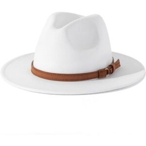 White felt fedora hat with a wide brim and a brown faux leather band with a tassel detail, for fashion.