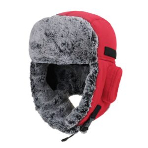 Red nylon trapper hat with gray faux fur lining and ear flaps, for winter outdoor activities.