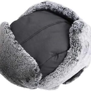 Black Nylon Trapper Hat With Grey Faux Fur Ear Flaps, Warm Winter Headwear For Men And Women.