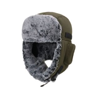 Olive green nylon trapper hat with grey faux fur lining and ear flaps, for winter warmth.