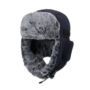 Navy blue nylon trapper hat with gray faux fur lining and ear flaps, for winter outdoor activities.