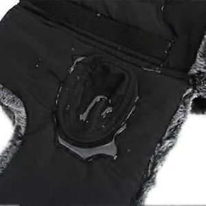 Black Waterproof Polyester Trapper Hat With Gray Faux Fur Lining, Water Beading On Fabric, For Winter Outdoor Use.