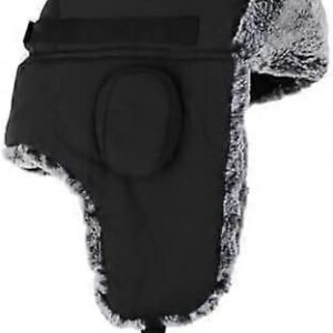 Black Nylon Trapper Hat With Gray Faux Fur Lining, Ear Flaps, And Chin Strap For Winter Warmth.