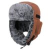 Brown Aviator Trapper Hat With Gray Faux Fur Lining, Ear Flaps, And Buckle Closure For Winter Warmth.