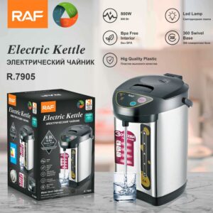 RAF R.7905 6.8L electric kettle, silver stainless steel and black plastic, for boiling water.