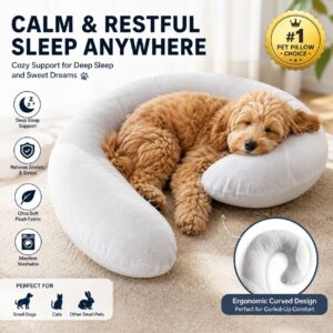 Light gray plush curved pet pillow for deep sleep support for small dogs, cats, and other small pets.
