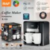 RAF R.115 650W black plastic coffee maker with two white ceramic mugs, for brewing two cups of coffee.