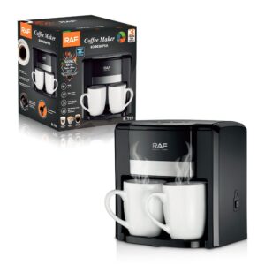 Dual Extraction Coffee Machine With 2 Ceramic Cups – Sumo Deals Raf Black Plastic 420Ml Coffee Maker With Two White Ceramic Mugs, Brewing Hot Coffee.