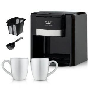 Dual Extraction Coffee Machine With 2 Ceramic Cups – Sumo Deals Raf Black Plastic Coffee Maker With Silver Trim, Filter, Scoop, And Two White Ceramic Mugs For Brewing Coffee.