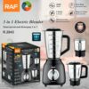 RAF 3-in-1 electric blender, black base, stainless steel jars (1.5L, 2 smaller), for blending & grinding.