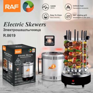 Vertical Rotisserie Grill | Smokeless Indoor Bbq – Sumo Deals Raf R.8619 Electric Skewer Grill, 8-Skewer Capacity, 360° Rotating, Black And Silver Stainless Steel For Home Use.