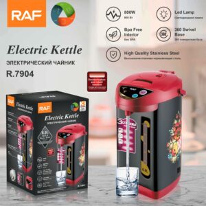 RAF R.7904 6.8L electric kettle, black and red with floral design, stainless steel interior, for hot water.