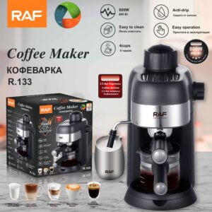 RAF R.133 800W black plastic/metal espresso coffee maker with glass carafe, for home use.