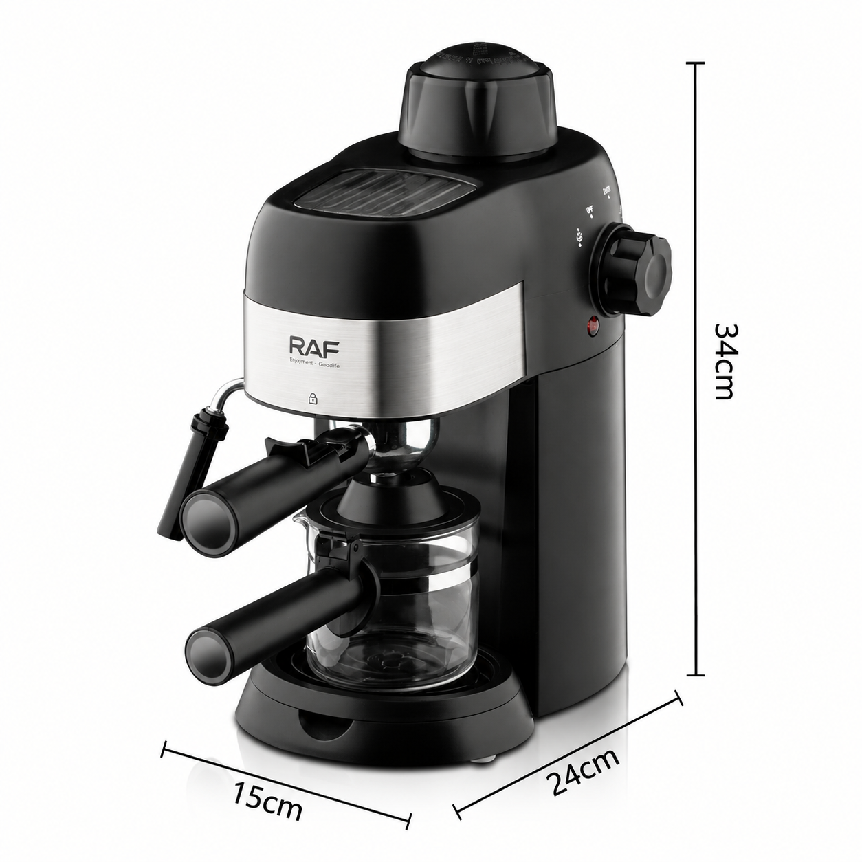 Compact 800W Espresso Coffee Maker With Steam Frother – Sumo Deals Raf Black And Silver Espresso Machine With Glass Carafe, Plastic/Metal, For Home Coffee Brewing.